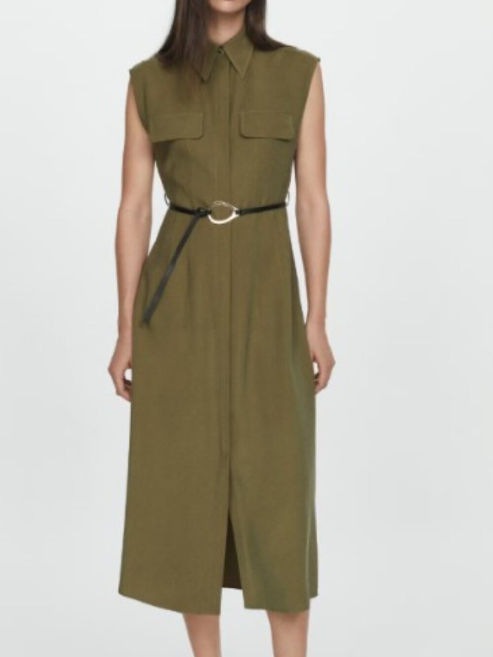 Mango Olive Green Sleeveless Maxi Shirt Dress